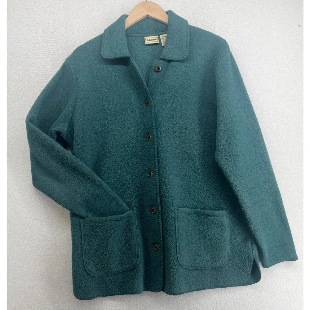 LL BEAN Jacket Womens M Fleece Chore Coat Blazer Button Front Pocket Green